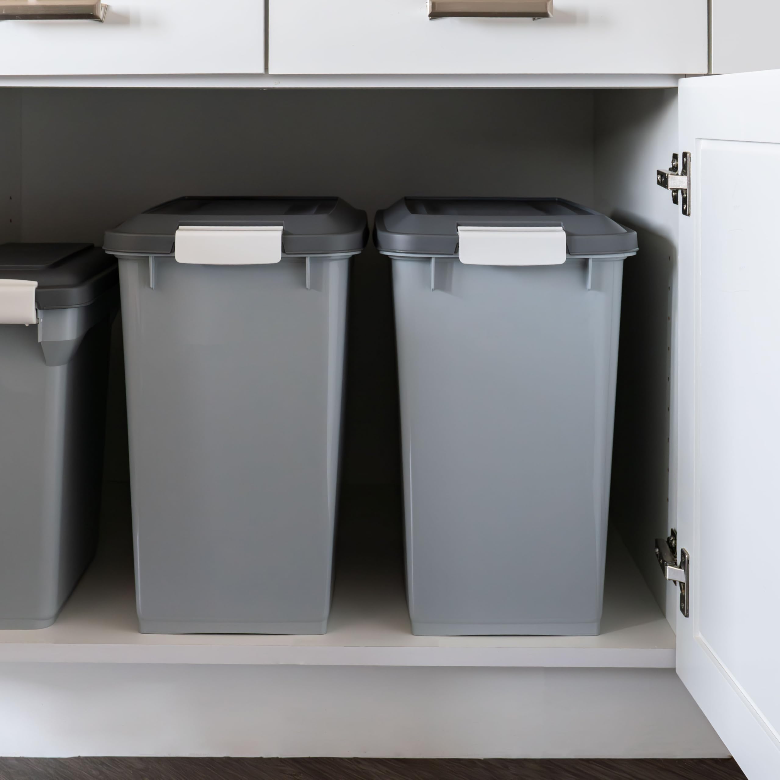 IRIS USA airtight lid on pet food bin keeps moisture out and food fresh.