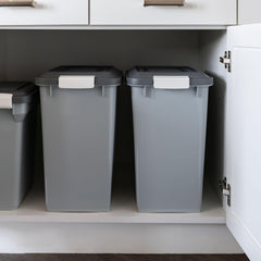 IRIS USA airtight lid on pet food bin keeps moisture out and food fresh.