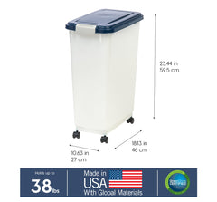 IRIS USA container holds about 38 pounds of dry kibble
