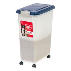 IRIS USA airtight pet food container with casters keeps kibble fresh and easy to roll between rooms