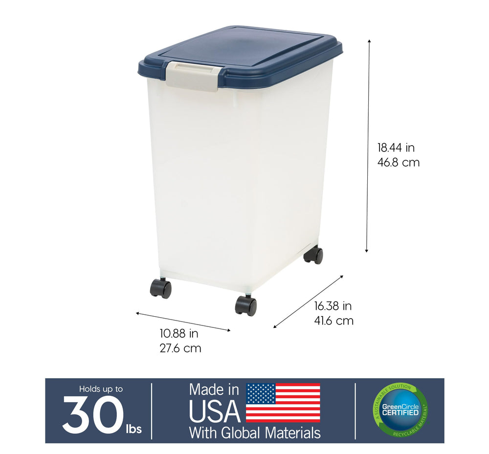 IRIS USA airtight storage container on a shelf shows compact, neat pet food storage
