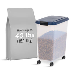IRIS USA airtight container with sealed lid keeps dry pet foods fresh and neatly organized.