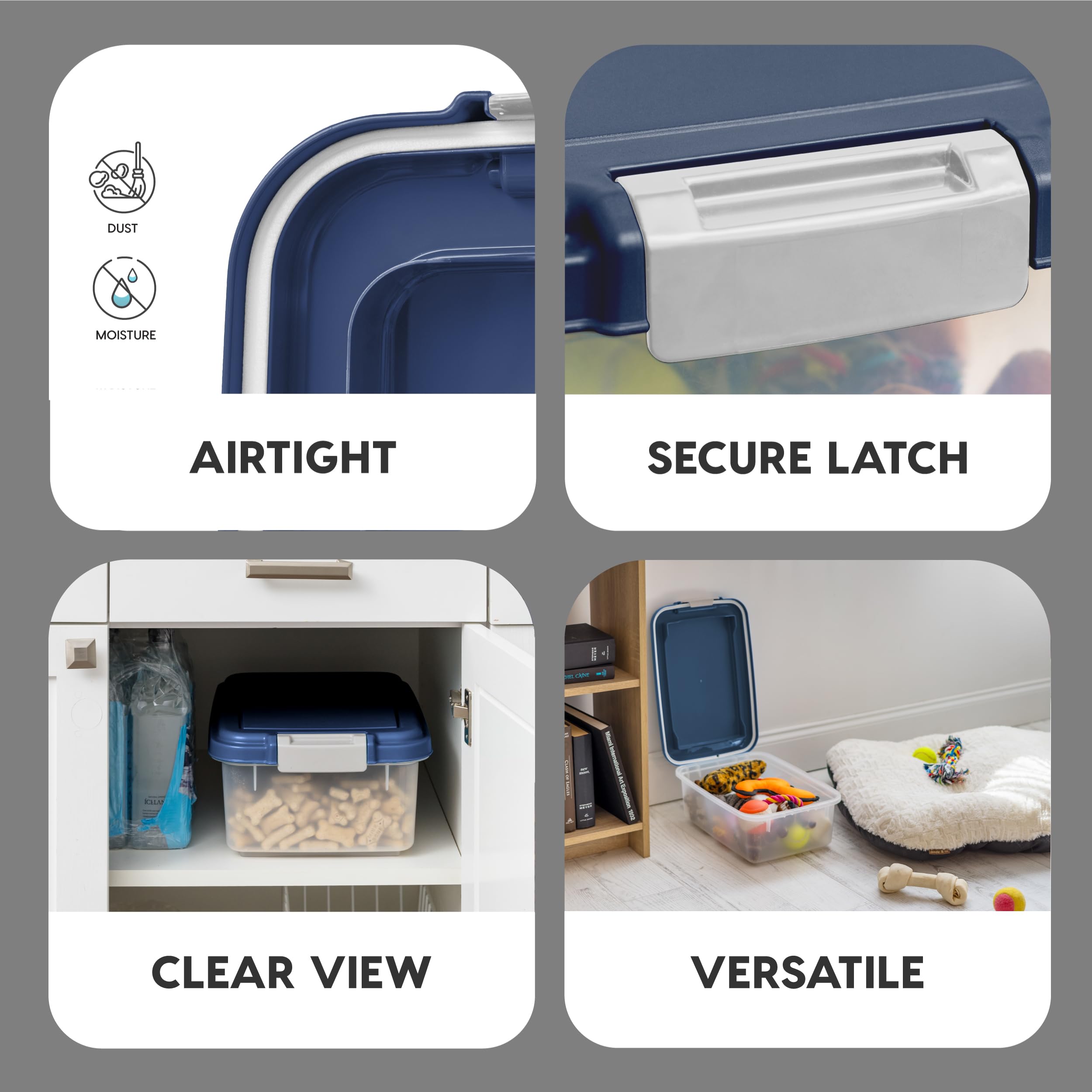 IRIS USA Airtight Pet Food Container snap-lock latches keeping contents secure.