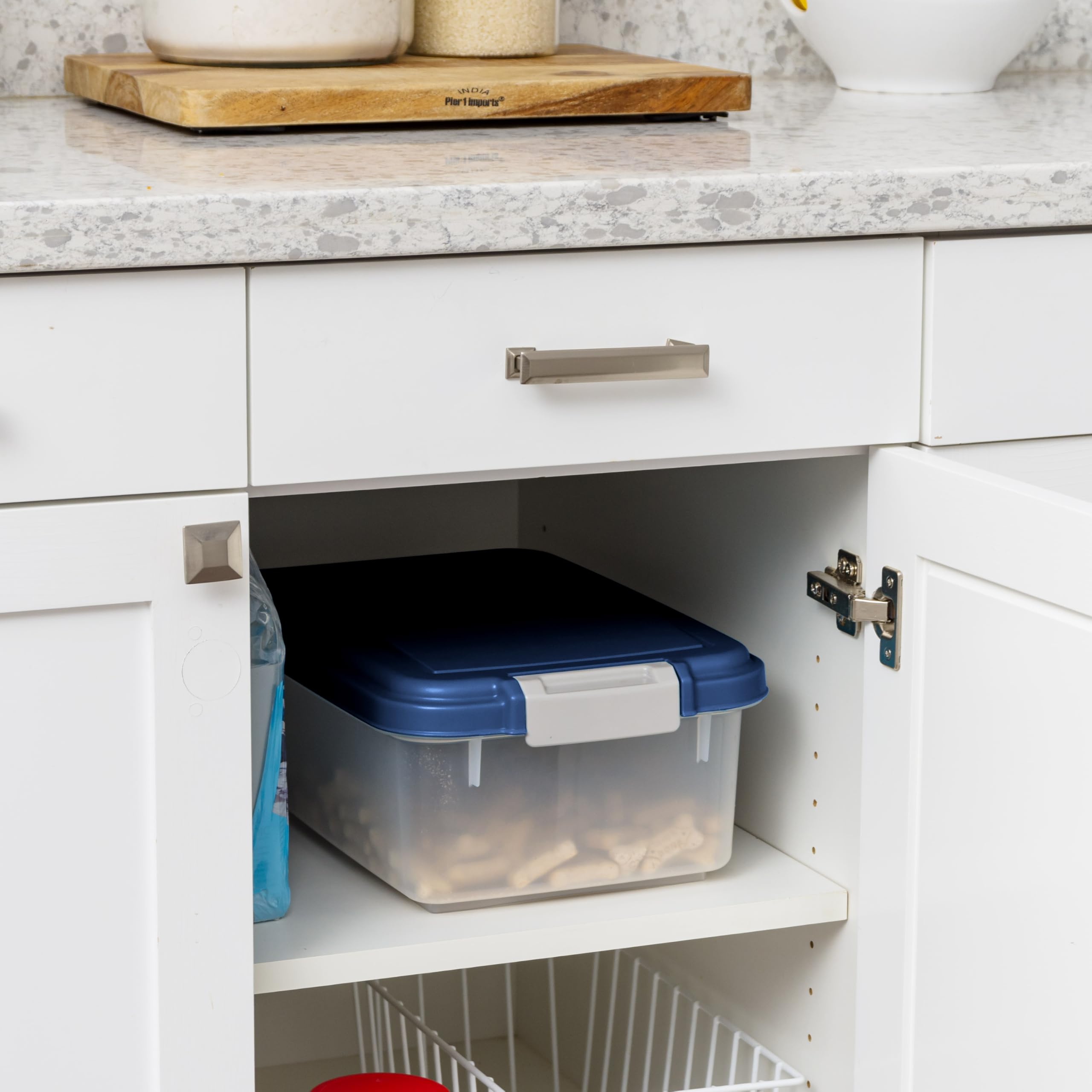 IRIS USA Airtight Pet Food Container stack two high for compact storage.
