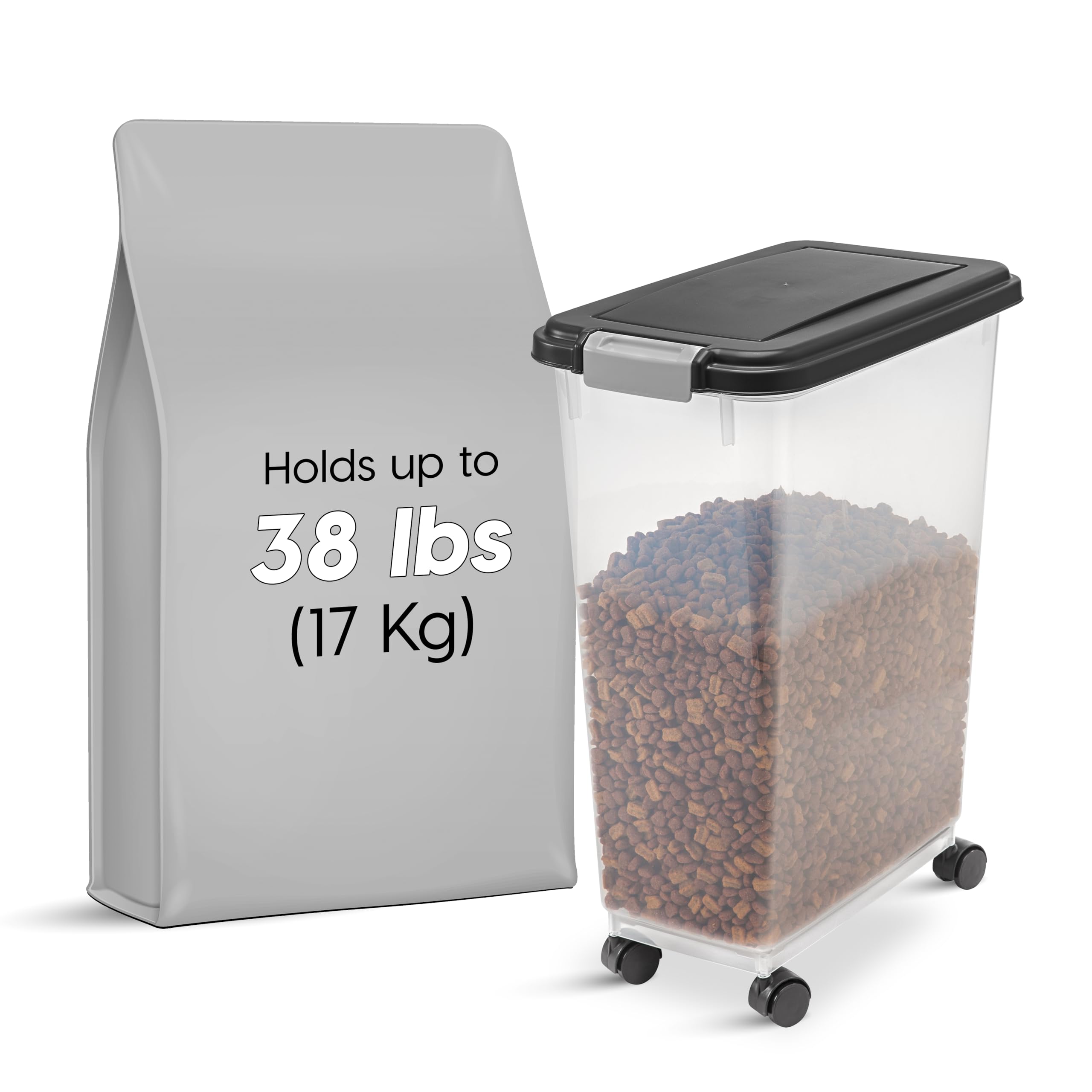IRIS USA container with wheels attached demonstrates easy mobility to feeding areas.
