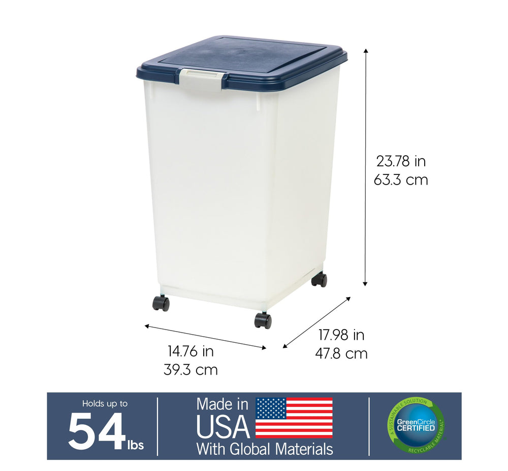 IRIS USA airtight container with snap-lock latches preserves dry pet food.