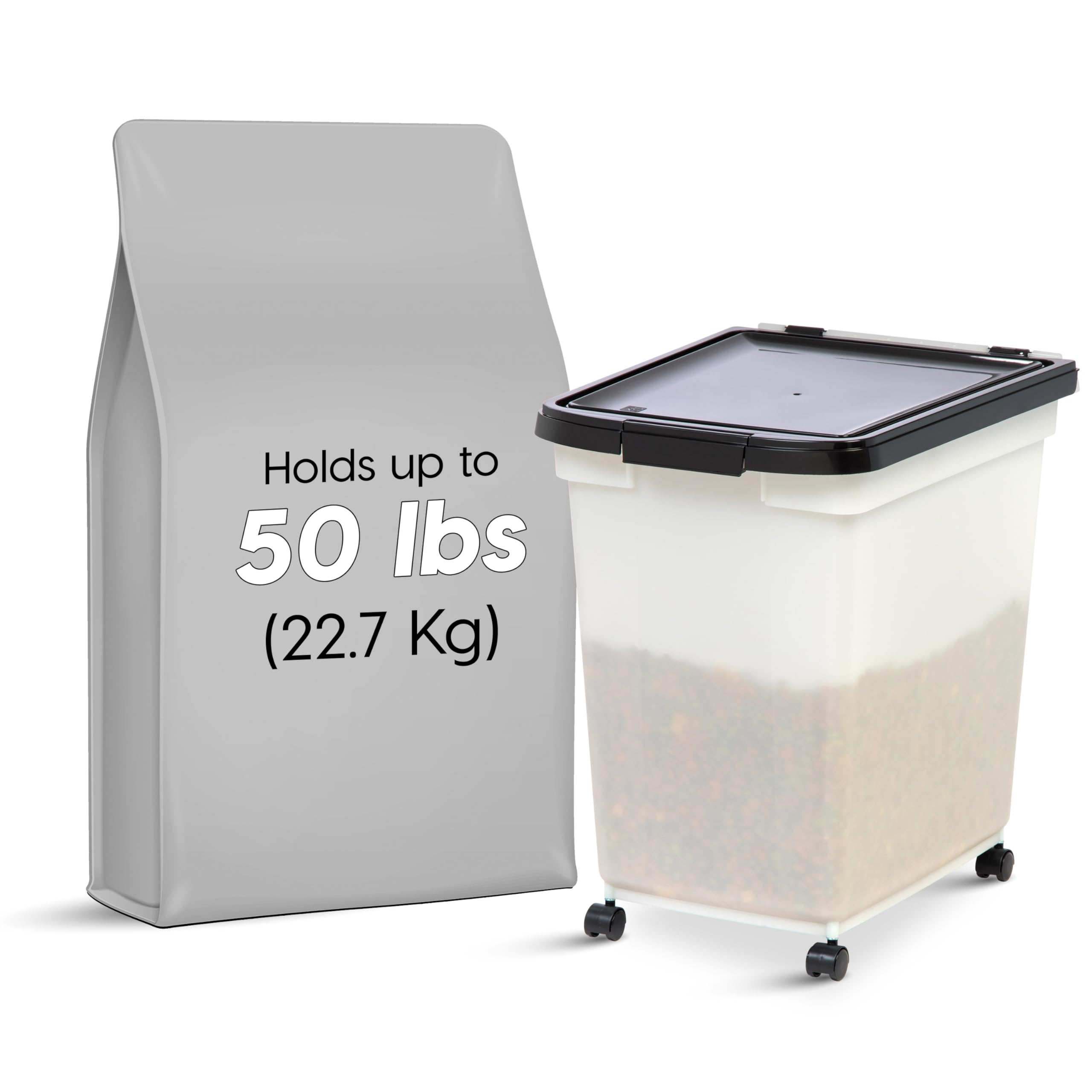 IRIS USA airtight seal keeps pet food fresh and moisture-free in a sturdy storage bin.