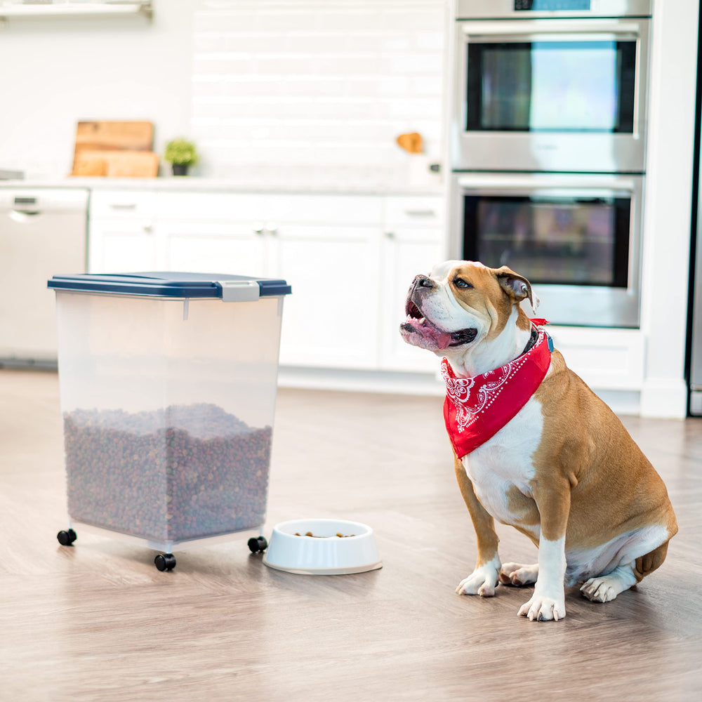 IRIS USA attachable casters enable rolling storage from shelf to bowl.