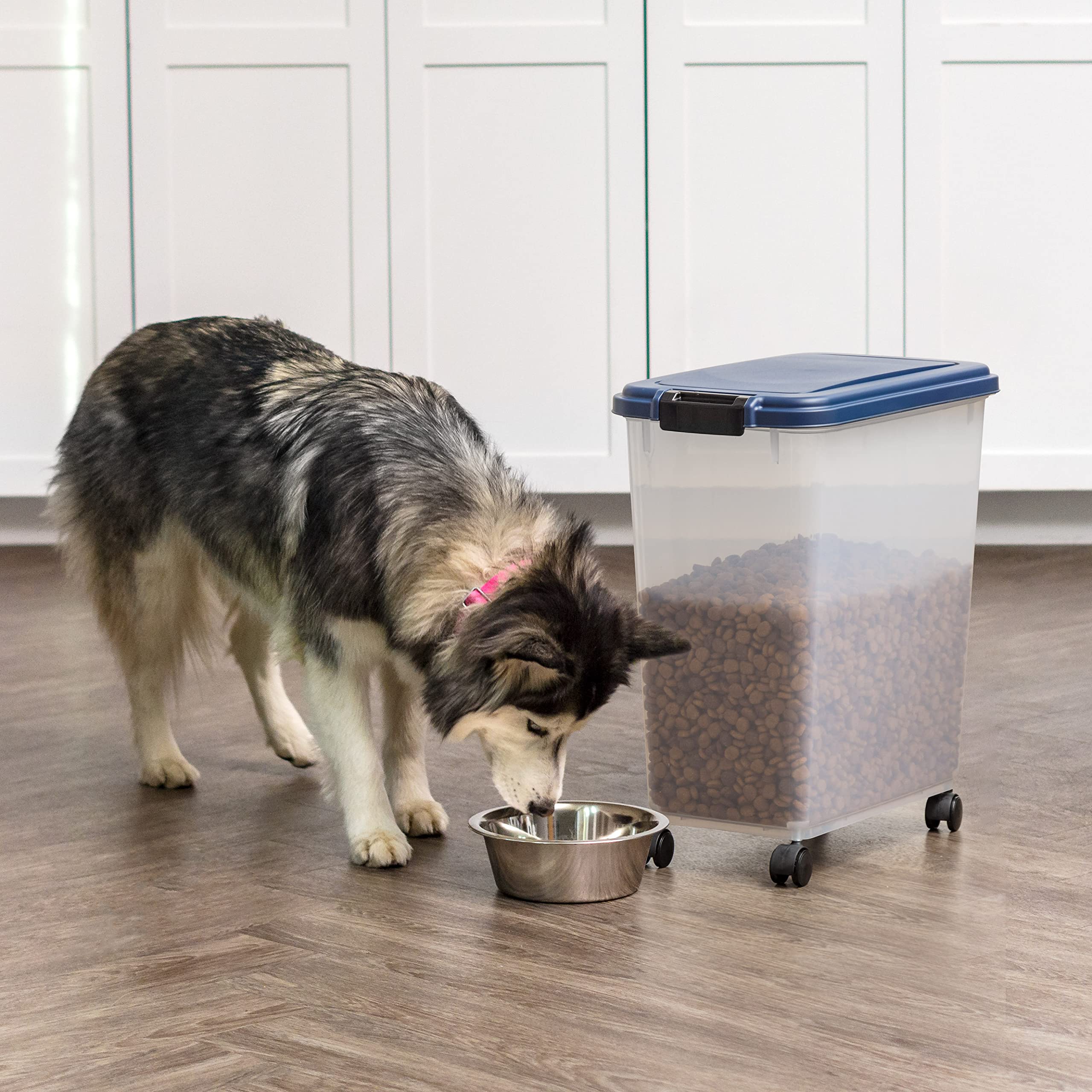 IRIS USA BPA-free pet food bin provides durable, safe storage for dry foods.