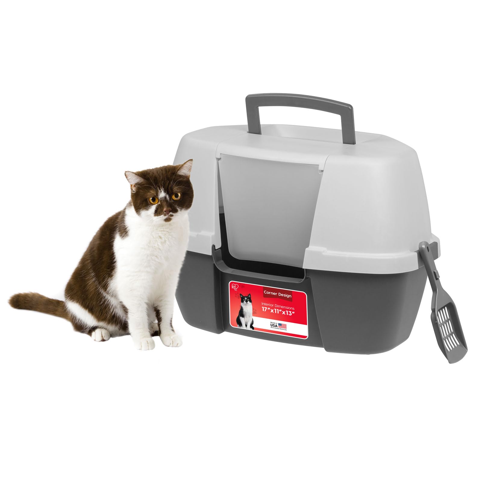IRIS USA cat litter box corner design maximizes space for compact rooms.