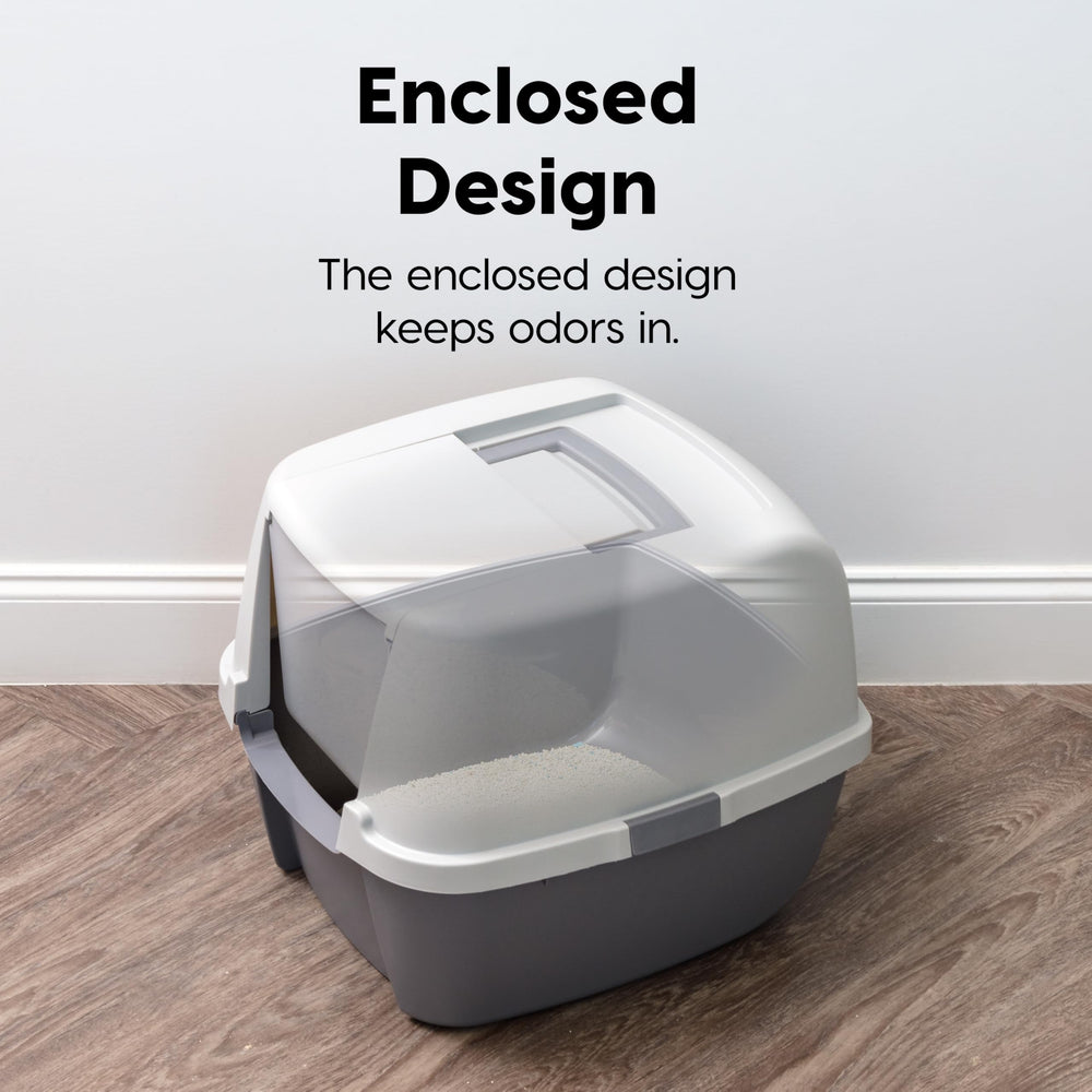 IRIS USA front-entry litter box includes portable handle and buckles for easy transport.