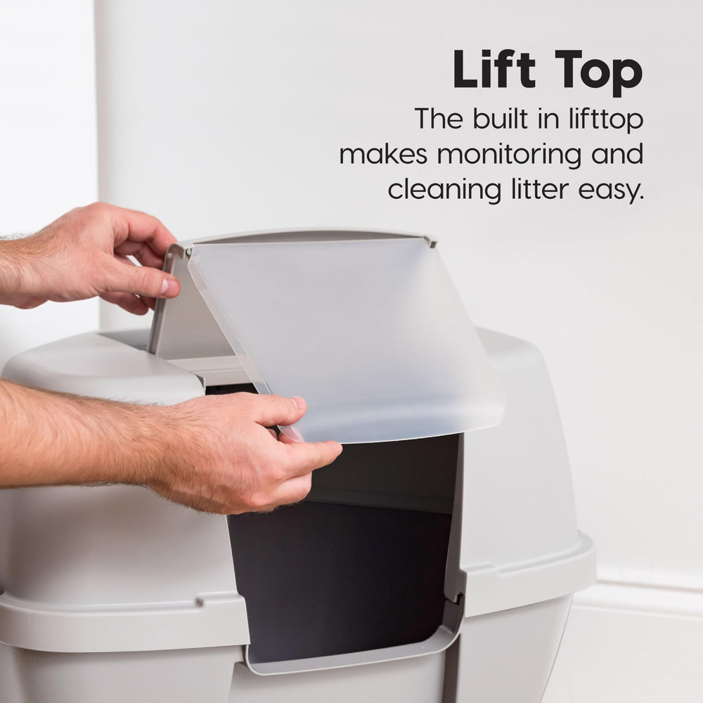 IRIS USA Cat Litter Box retractable hood offers privacy and easy cleaning.