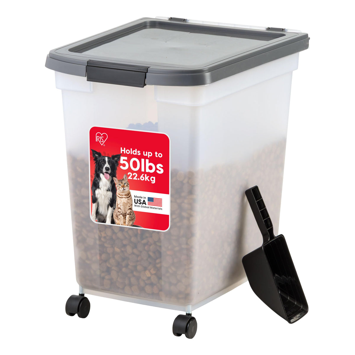 IRIS USA dog food storage container with airtight seal keeps kibble fresh and odor-free.