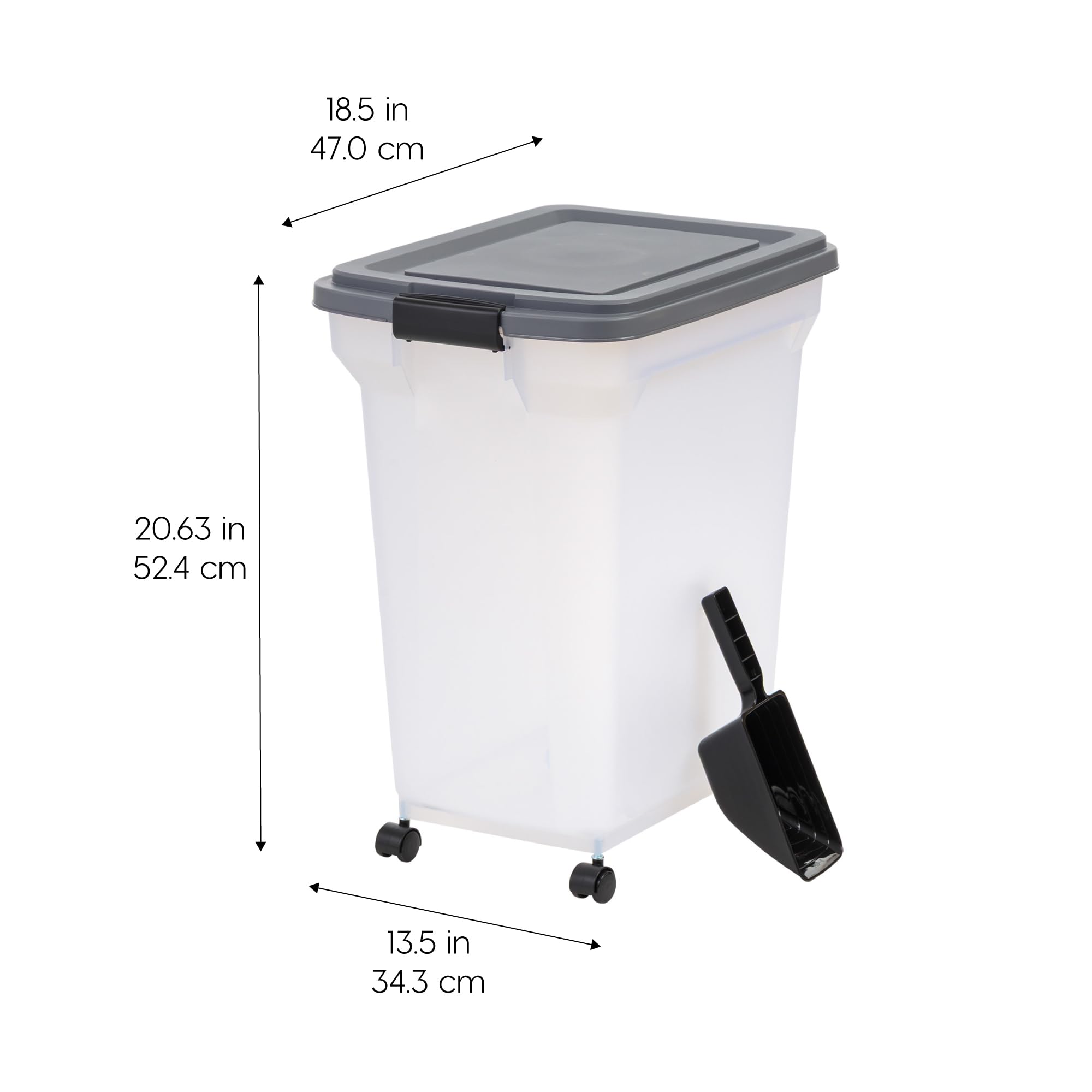 IRIS USA container holds up to 42 lbs of dry food, suitable for kibble and bird seed.