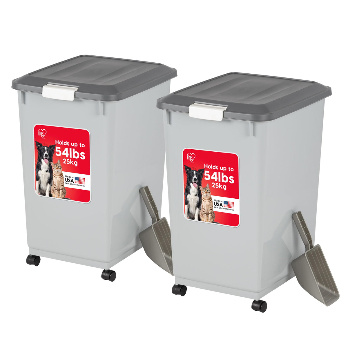 IRIS USA dog food storage container with wheels keeps kibble organized and portable.