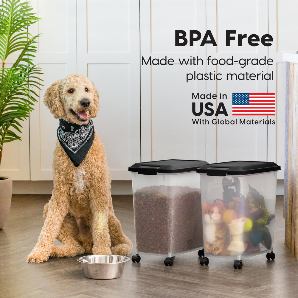 IRIS USA dog food storage container BPA free label highlights safe materials.