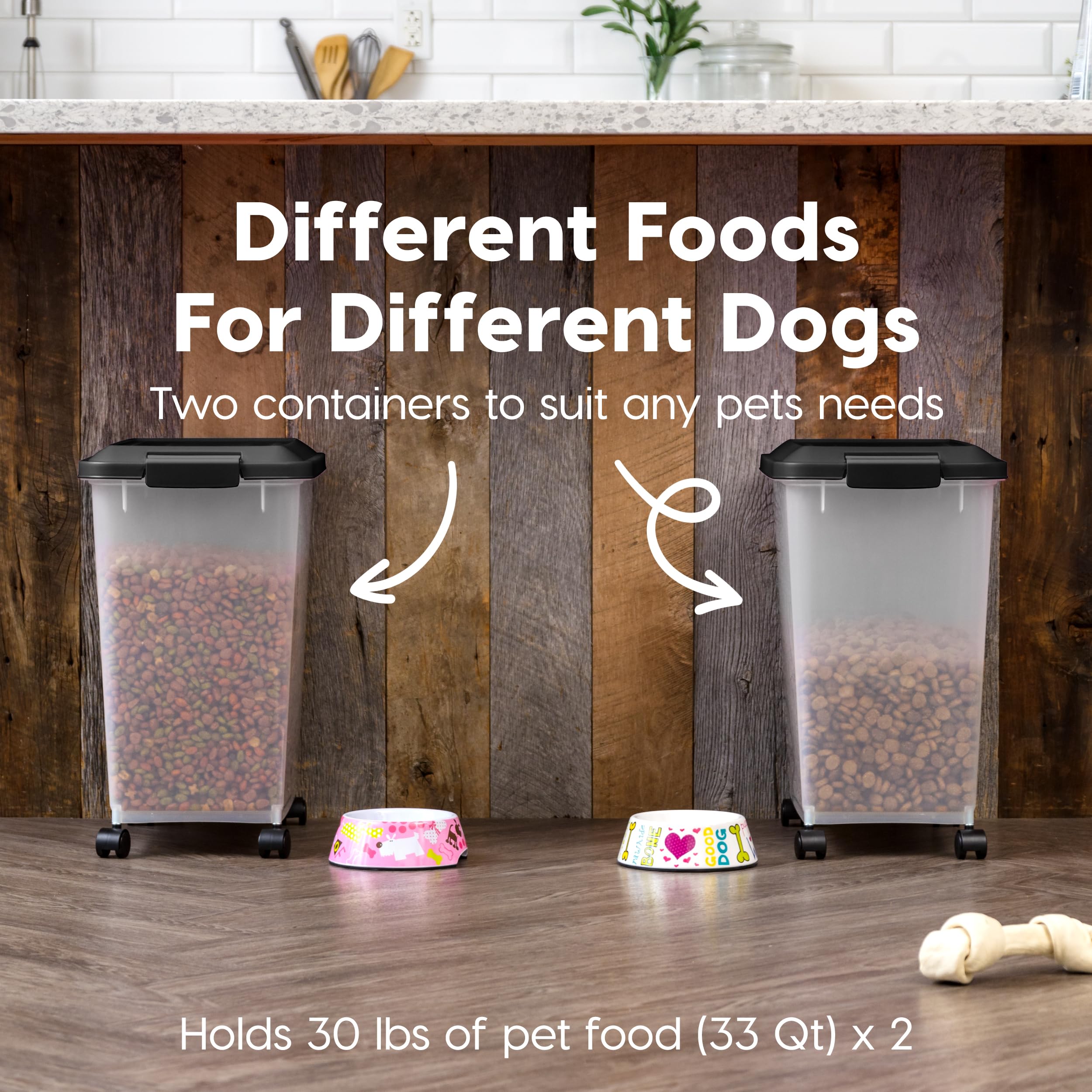 IRIS USA dog food storage container wheels mobility helps moving around the kitchen.