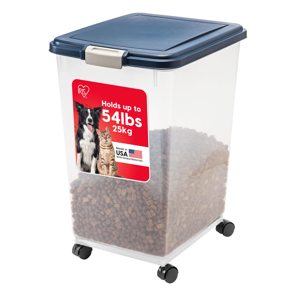 IRIS USA dog food storage container with attachable wheels for easy mobility.
