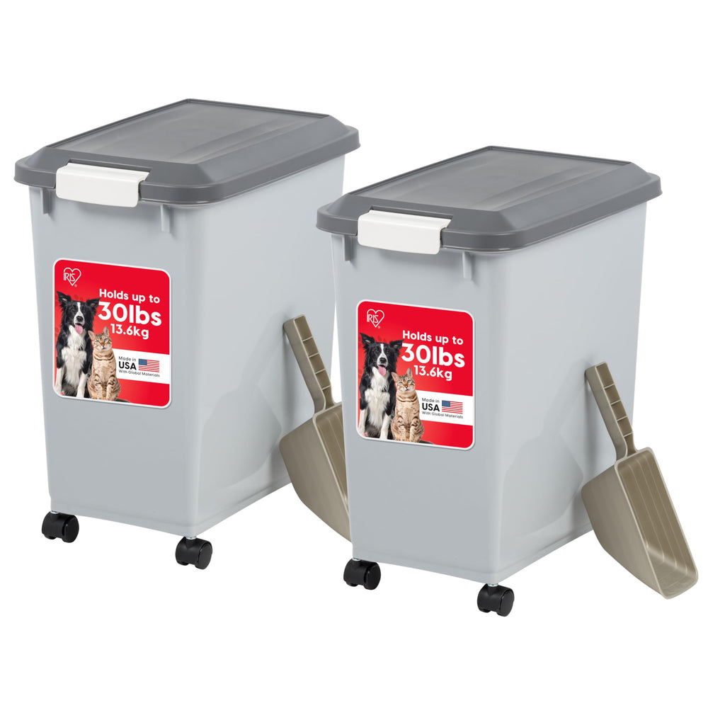 IRIS USA dog food storage container with wheels for easy mobility and organization.