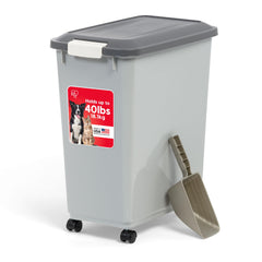 IRIS USA dog food storage container with wheels for easy mobility and storage.