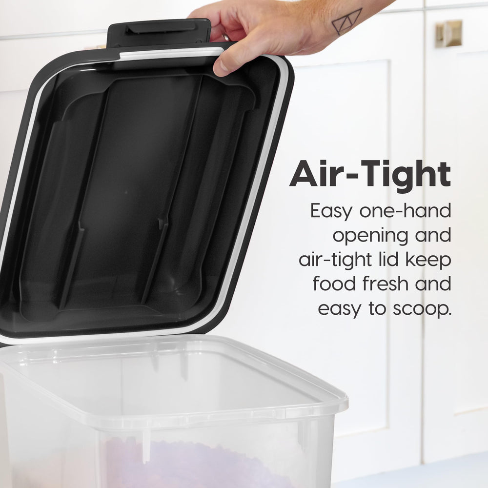IRIS USA dog food storage container wide top opening for easy scooping.