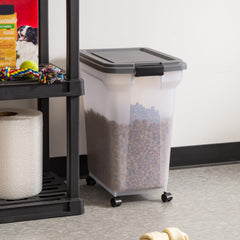 IRIS USA container with wheels attached enables easy mobility between storage and bowls.