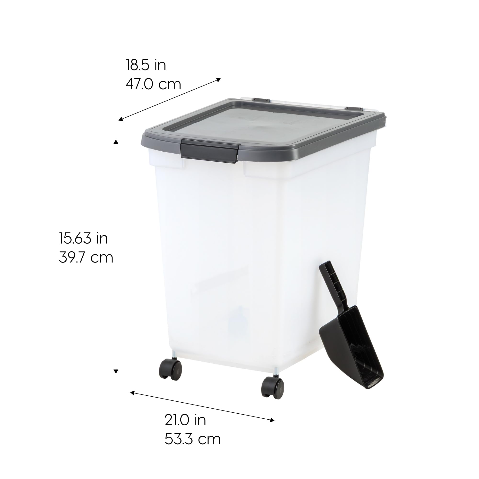 IRIS USA storage container with wheels for easy movement when full.