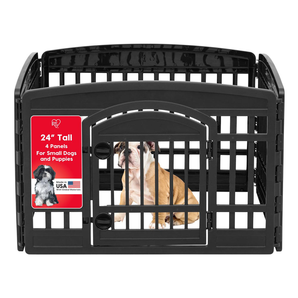 IRIS USA dog playpen with door shows compact assembly for quick setup.