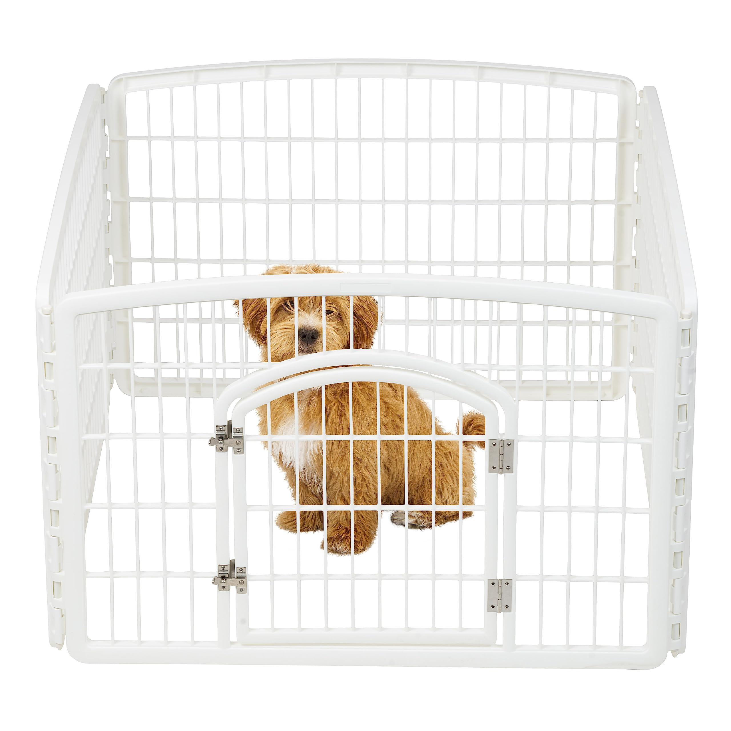 IRIS USA dog playpen folded compact for easy storage and transport