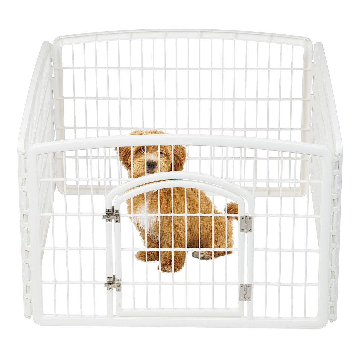 IRIS USA dog playpen folded compact for easy storage and transport
