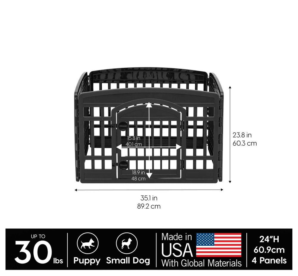 IRIS USA dog playpen four-panel design provides stable, modular layout.