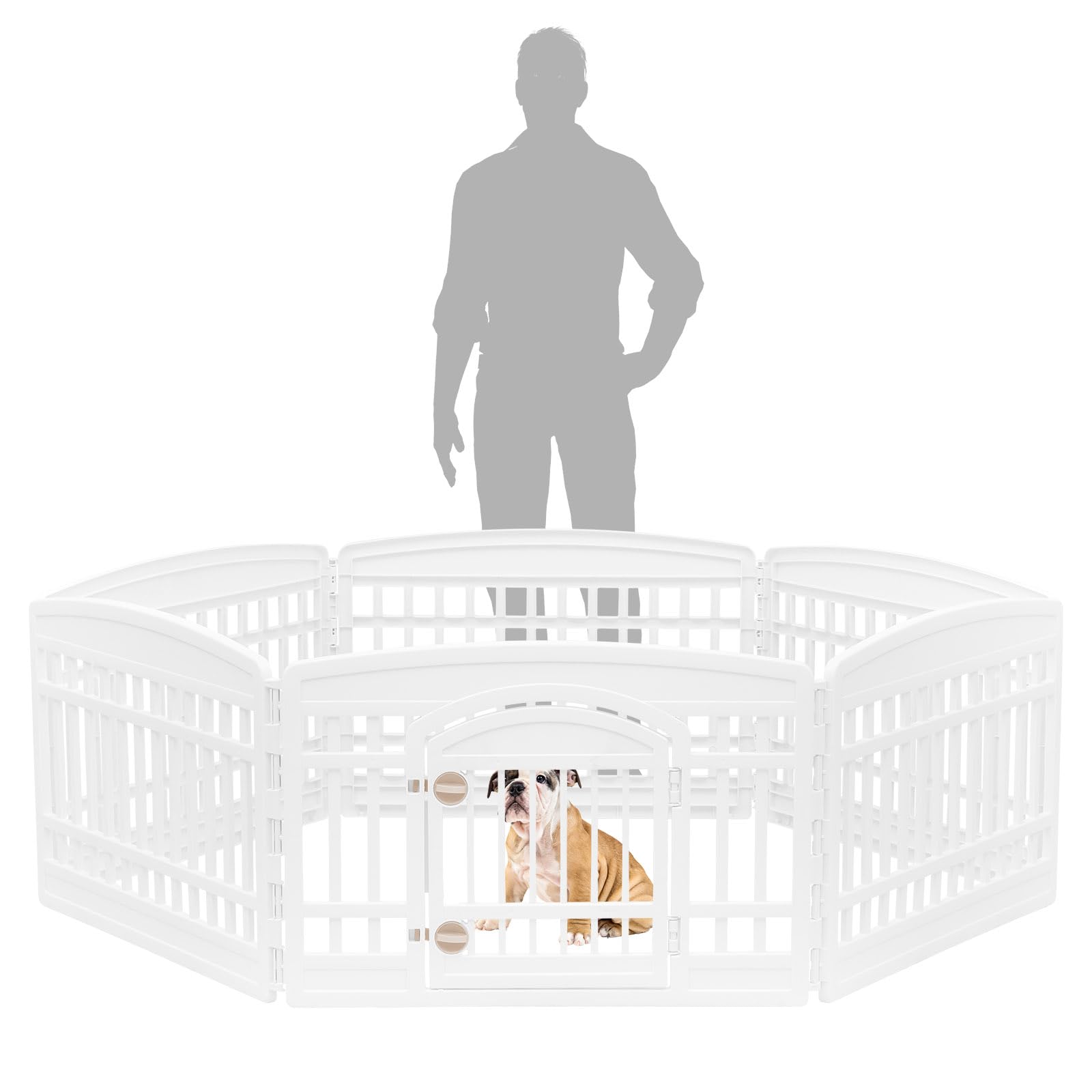 IRIS USA playpen in indoor/outdoor setup, versatile pet enclosure for various spaces.