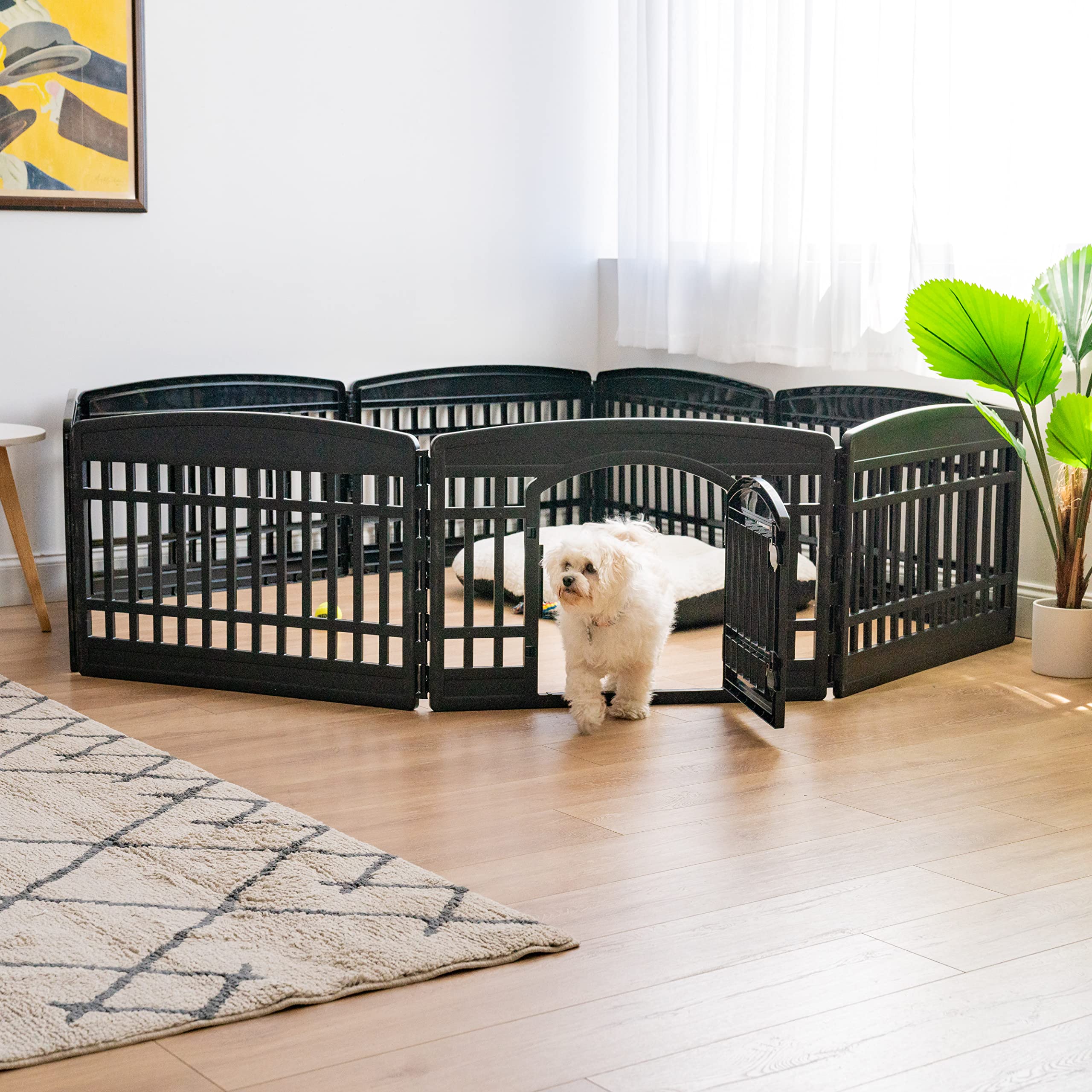 IRIS USA dog pen supports multiple pets with expandable panel options.