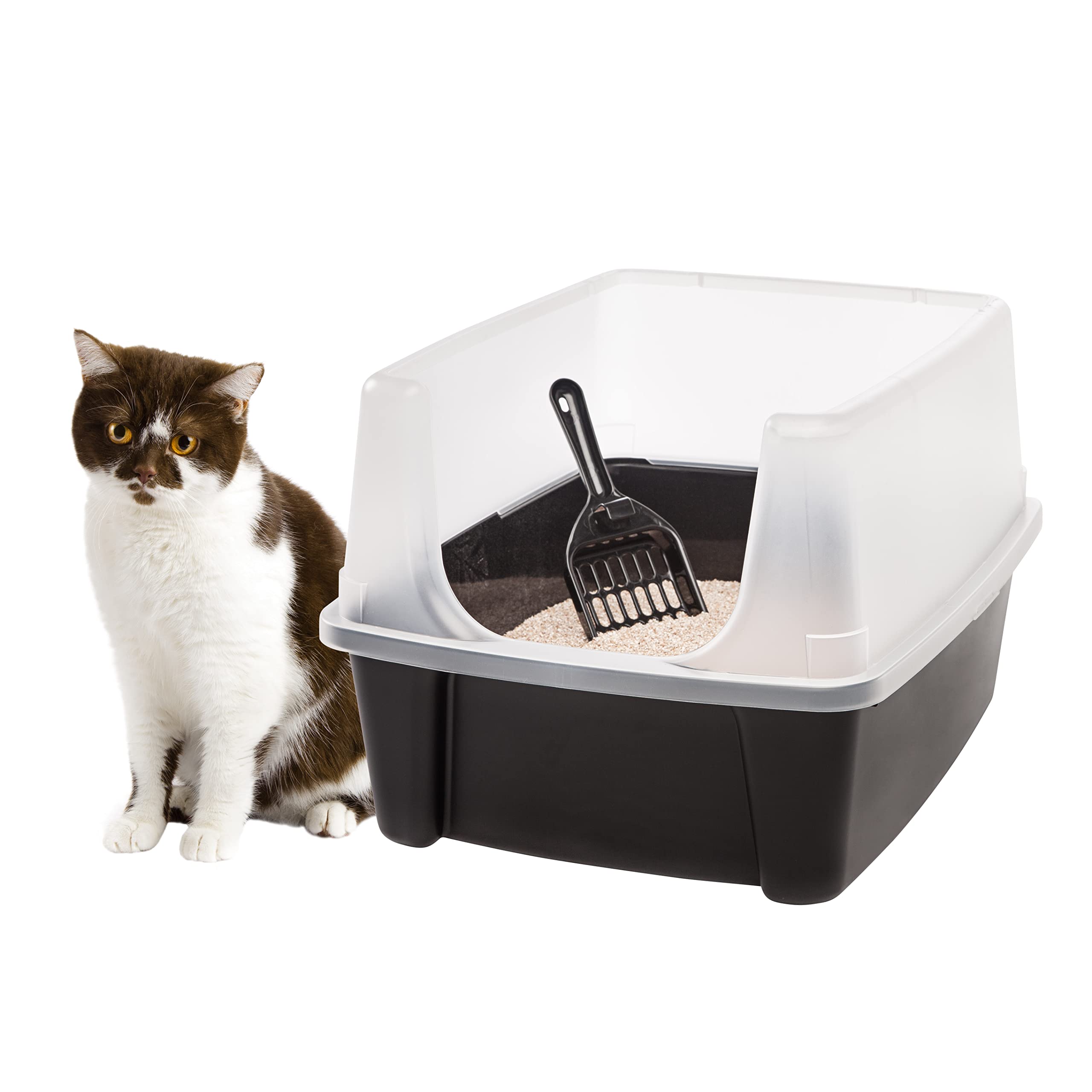 IRIS USA large cat litter box with open top and scoop, easy access for cats.