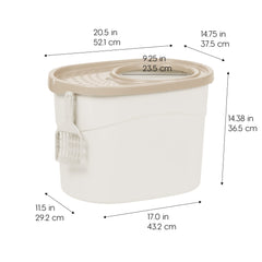 IRIS USA enclosed hooded litter box conceals litter and helps odor control.