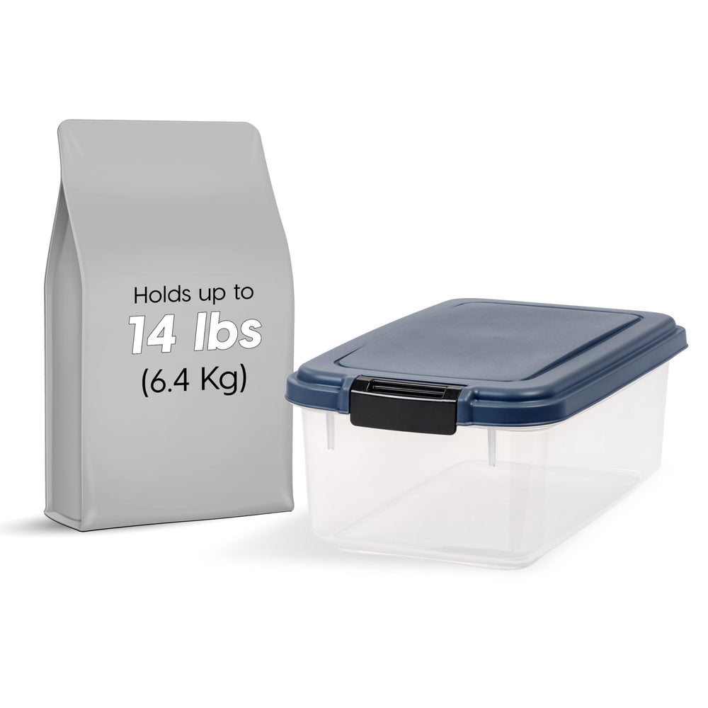 IRIS USA navy stackable bin keeps kibble organized and accessible.
