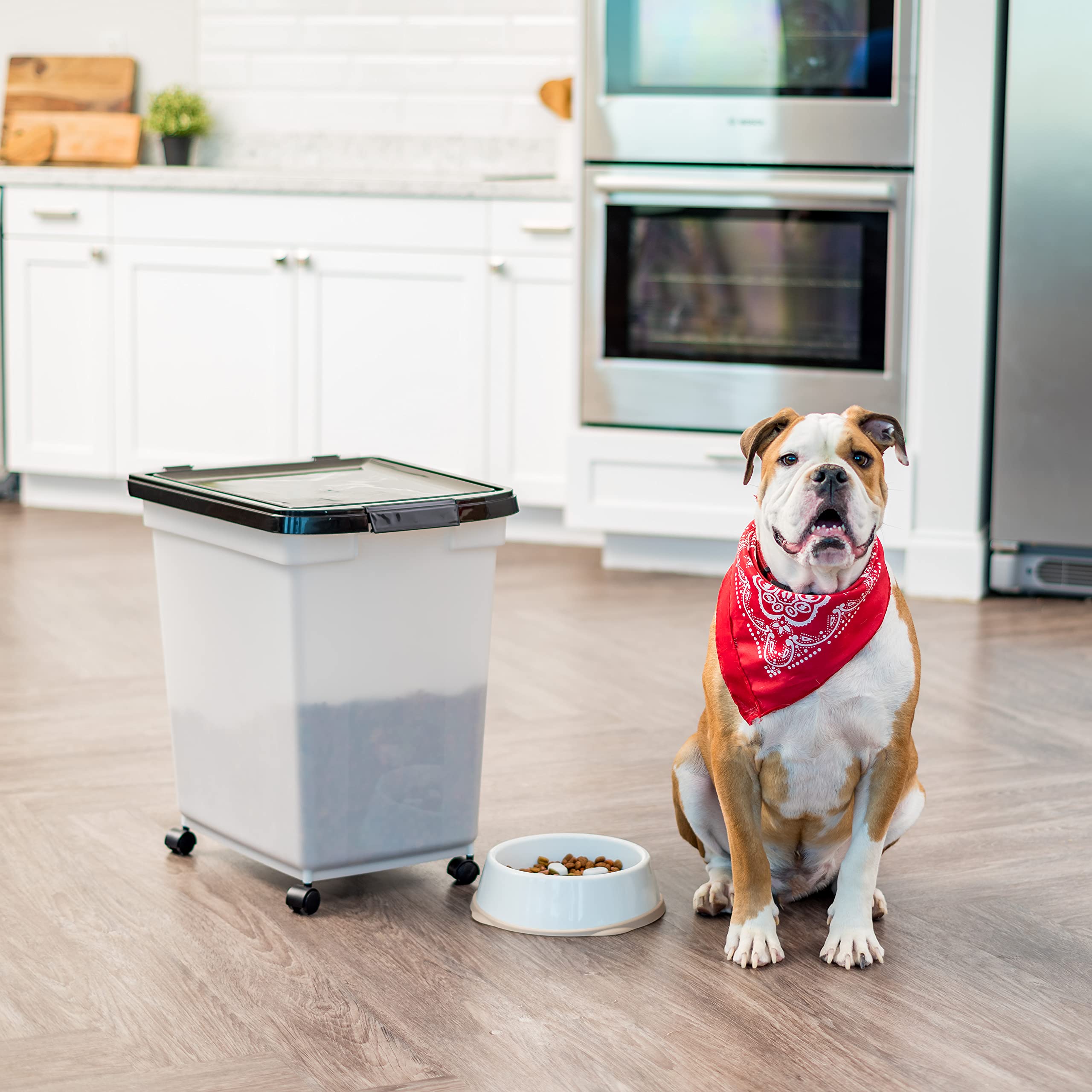 IRIS USA pellet storage bin for small animal feed and grain pellets.