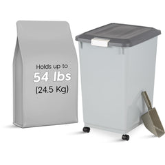 IRIS USA airtight lid with snap-lock keeps pet food fresh longer.