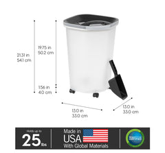 IRIS USA 30 qt container emphasizes large capacity for 25 lb of dry food.