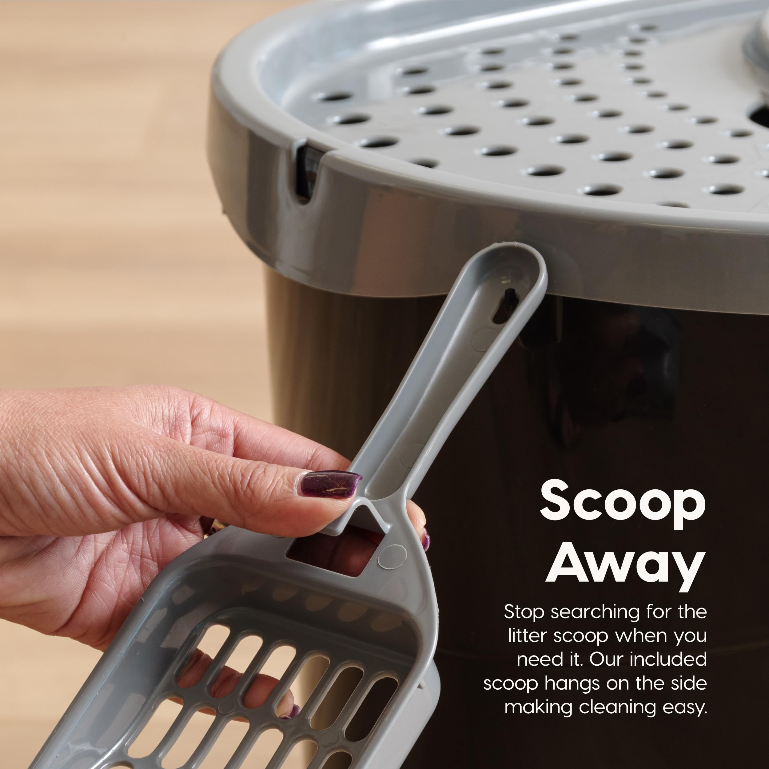 IRIS USA scoop hook stores the included scoop within easy reach.