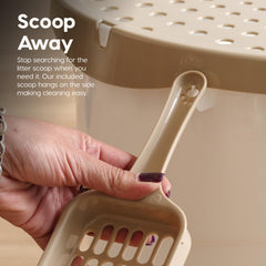 IRIS USA scoop with hook for easy storage beside the litter box.
