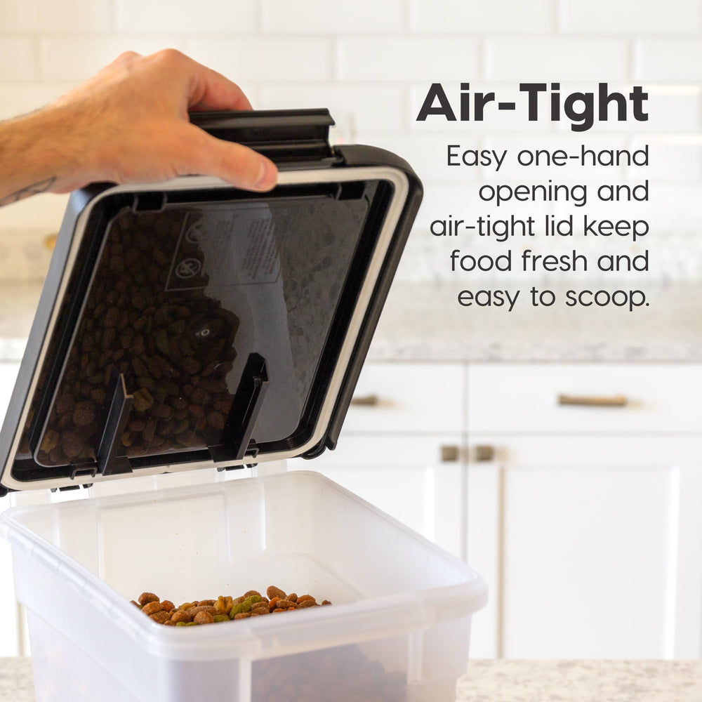 Seal and snap-lock latches secure moisture out of dry pet foods.