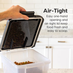 Seal and snap-lock latches secure moisture out of dry pet foods.