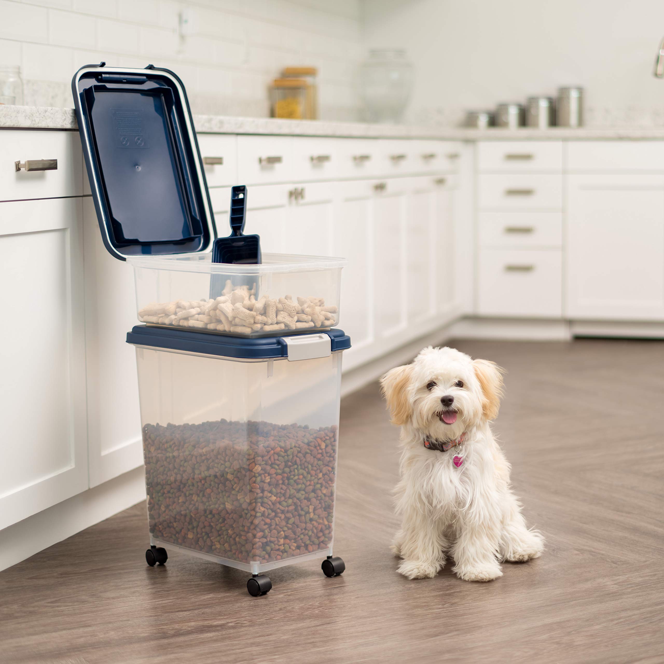 IRIS USA stackable pet food storage in navy for compact organization.
