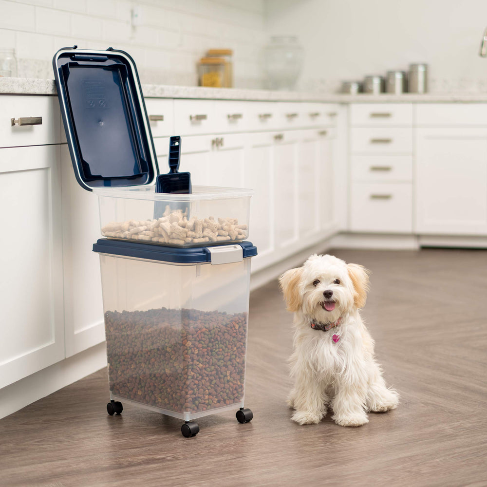 IRIS USA stackable pet food storage in navy for compact organization.