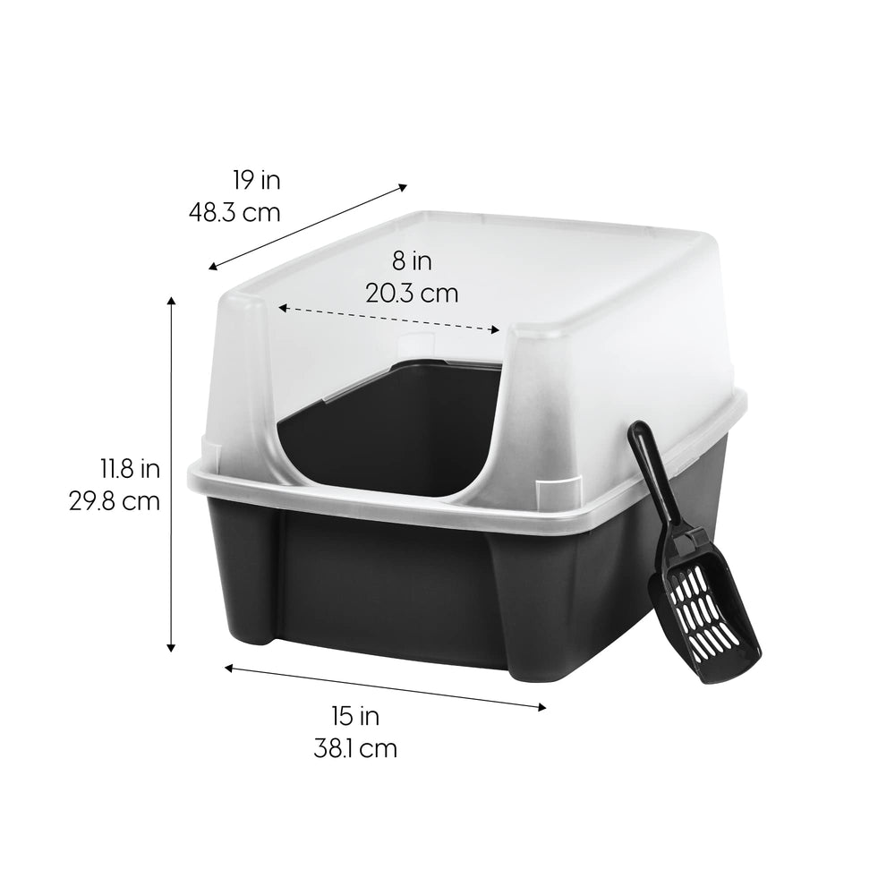 IRIS USA tall-walls litter box illustrating scatter shield and contained litter