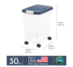 IRIS USA transparent bin offers quick visibility of remaining dry pet foods.