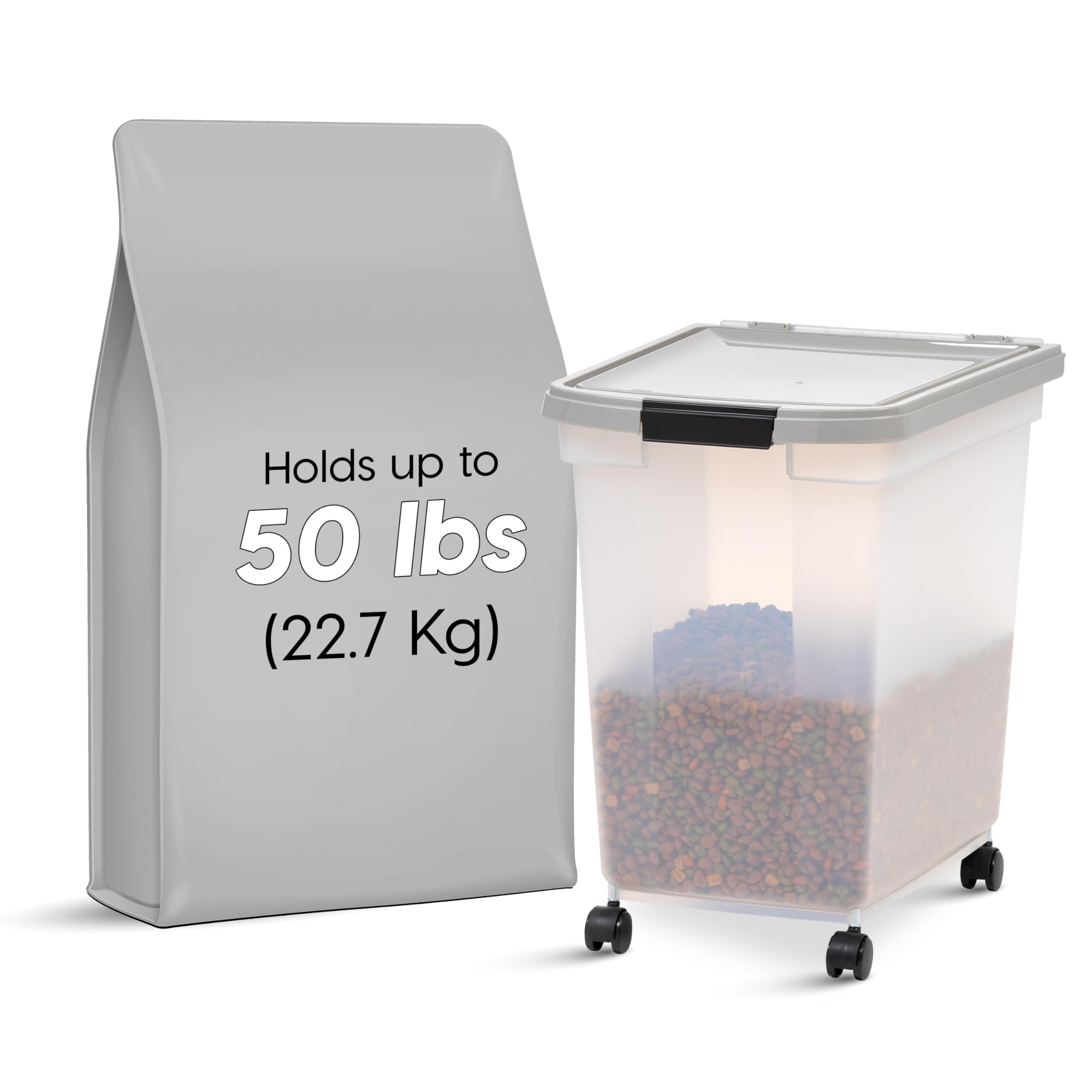 IRIS USA WeatherPro container demonstrates 50 lbs capacity for dry kibble