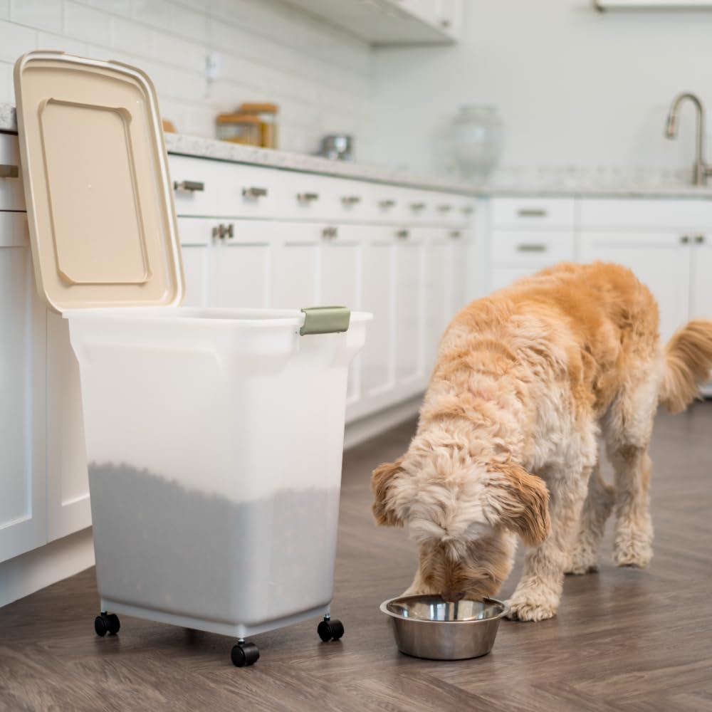 IRIS USA WeatherPro stores dog, cat, or bird food neatly.