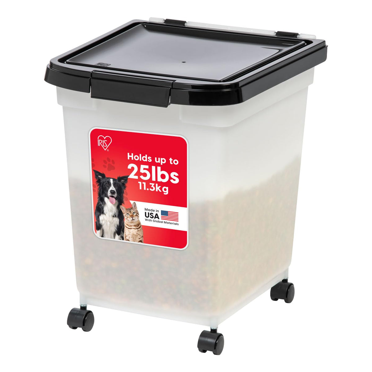 IRIS WeatherPro pet food container lid-seal keeps kibble fresh and dry.